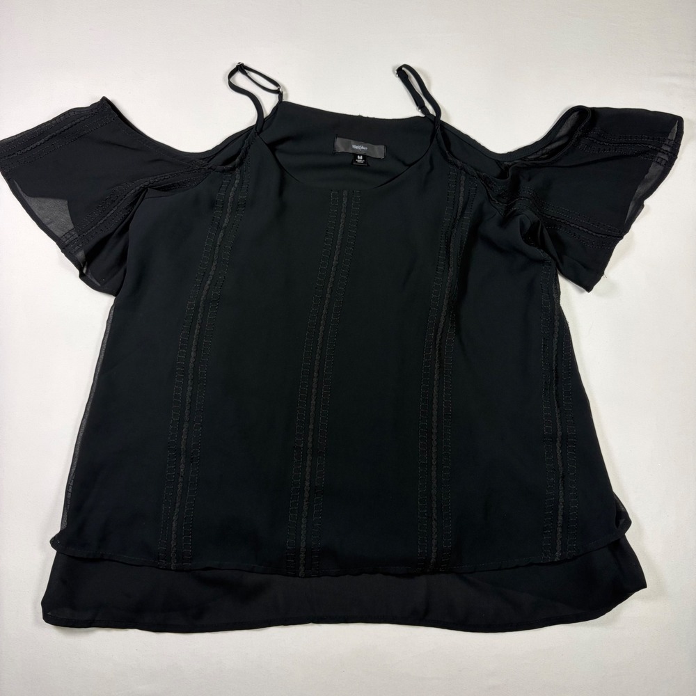 Mossimo Cold Shoulder Blouse Black Lace Trim Flutter Sleeve Boh Romantic Gothic
